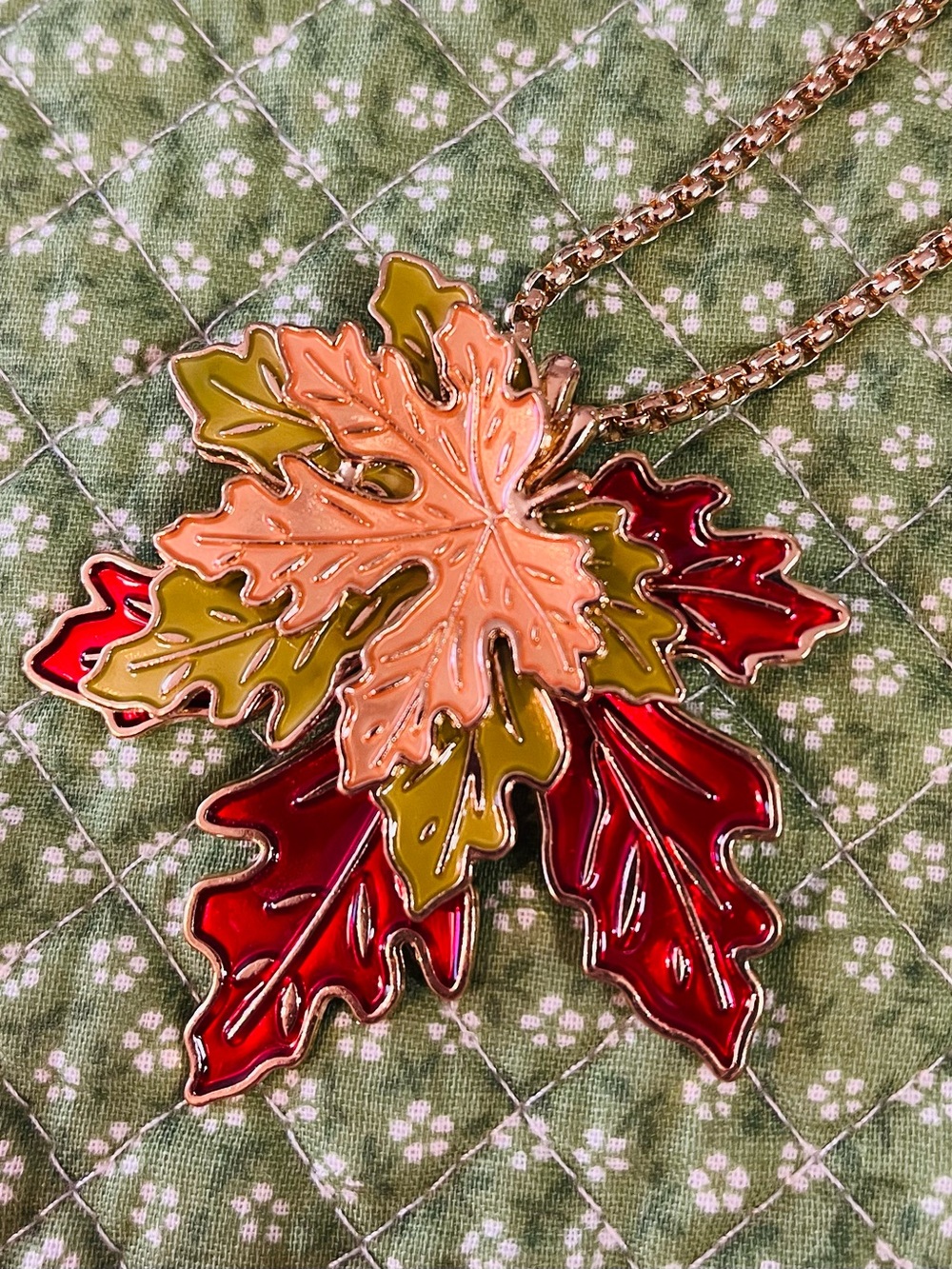 Autumn Leaf Enamel Pendant Necklace - Peach, Olive & Red. Rose gold in color.